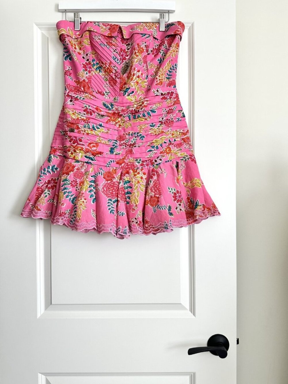 HEMANT & NANDITA Fiora Pink Floral Strapless Linen Blend Mini Dress Size M